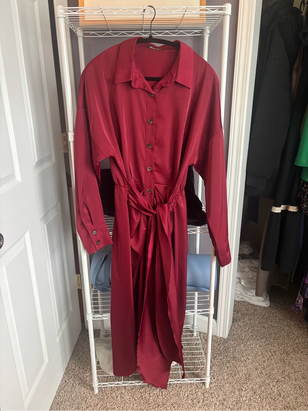Women's Burgundy Button-Front Tie-Waist Shirt Dress